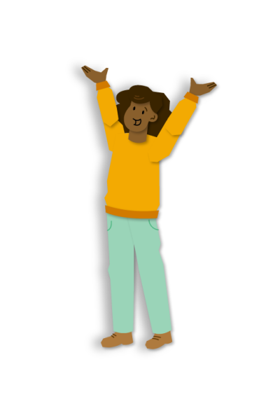 Animated character with both hands raised above head, standing next to bush