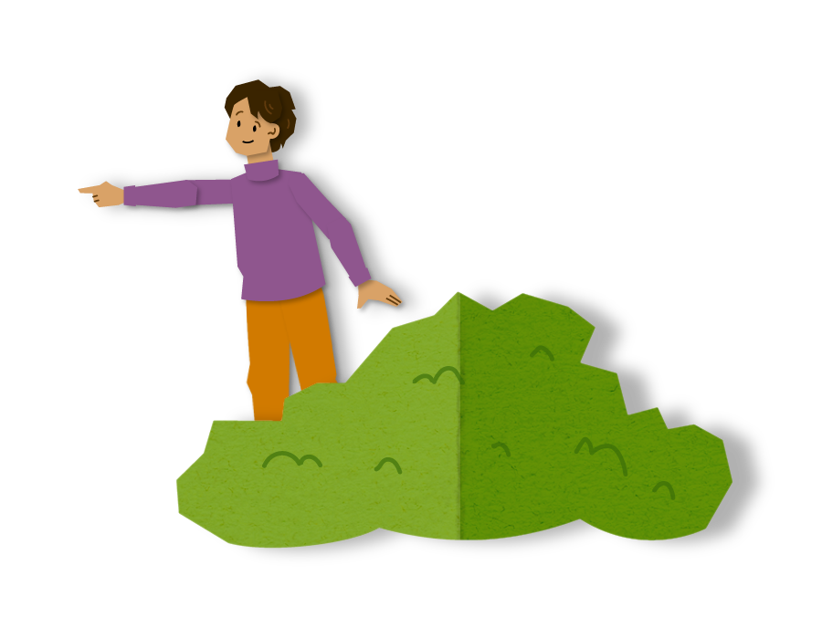 Animated character pointing to the left, standing next to bush